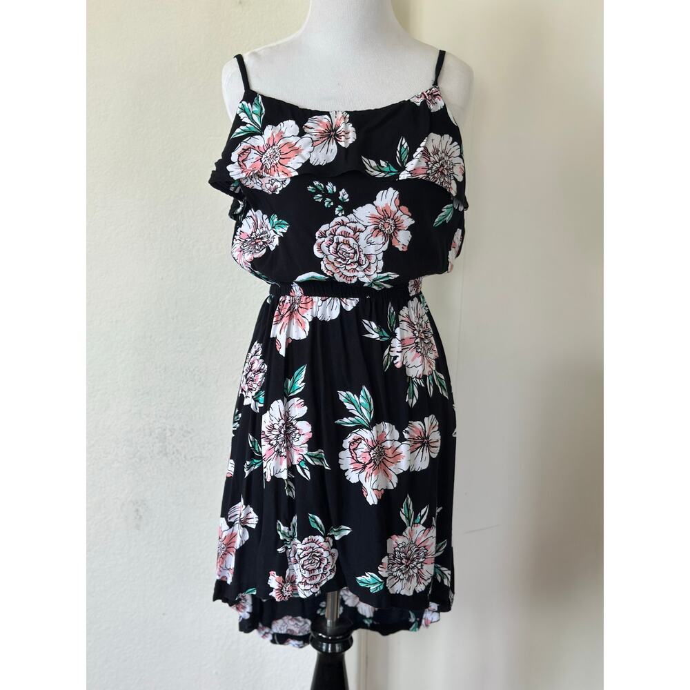 Roxy Black Multicolor Floral Beach Vacation Core Boho Ruffle Dress Fit Flare
